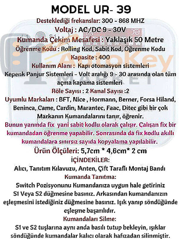 Wicom Ur-39 Universal Multi Alıcı 300-868MHz Harici Kumanda Alıcısı - 3